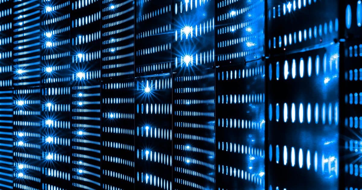Blue-lit server rack in a data center highlighting enterprise server equipment